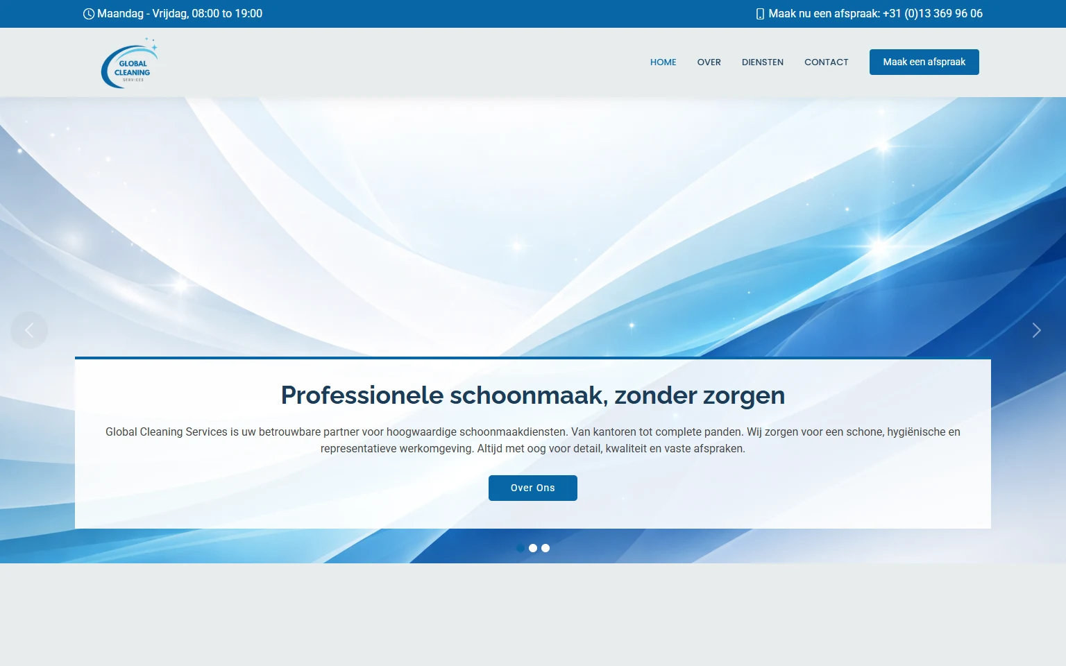 Actuele screenshot van Global Cleaning Service met een blauwe beeldslider en een presentatie van de schoonmaakdiensten.