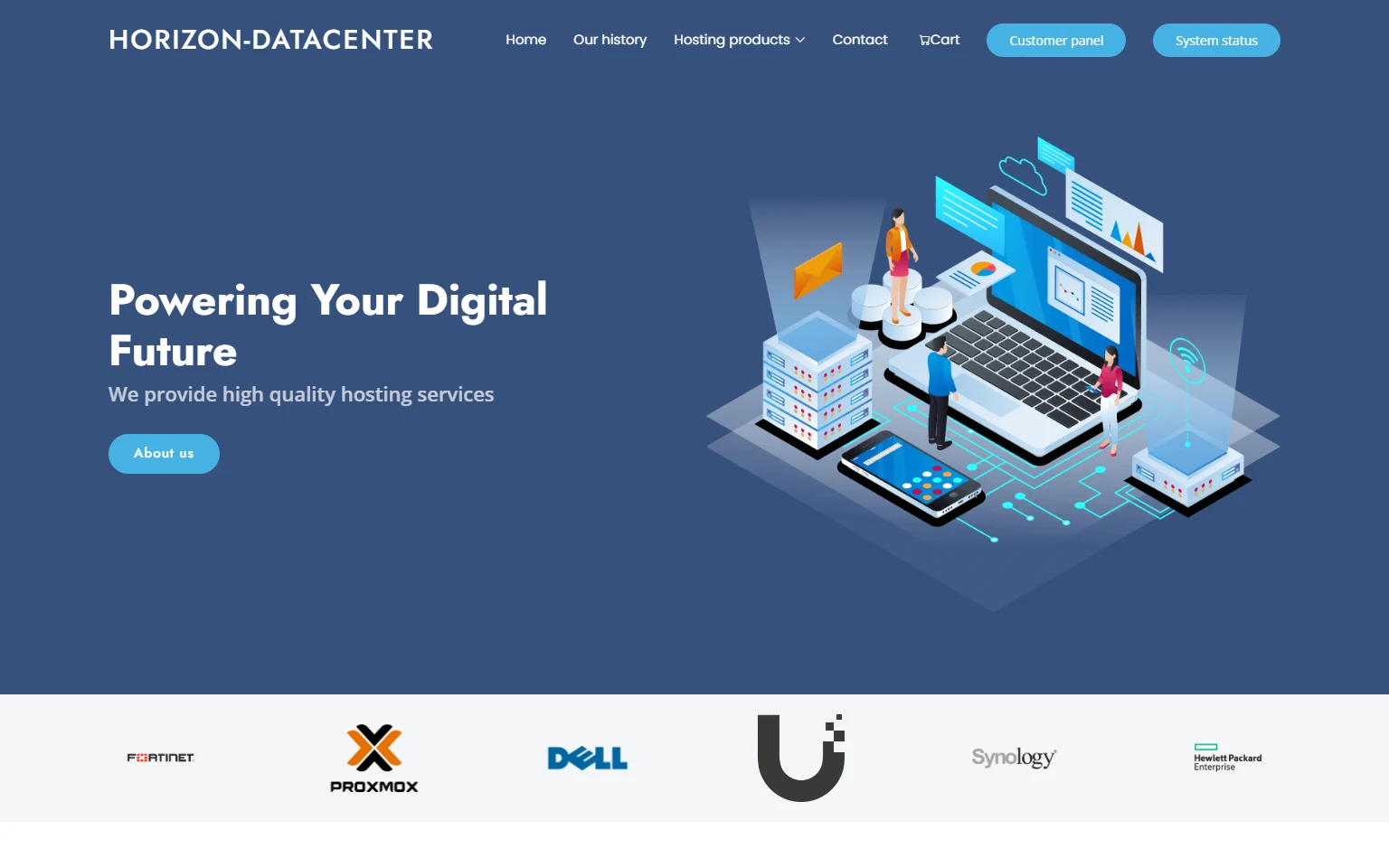 Actuele screenshot van Horizon Datacenter met een blauwe hero en een illustratie van hostinginfrastructuur.